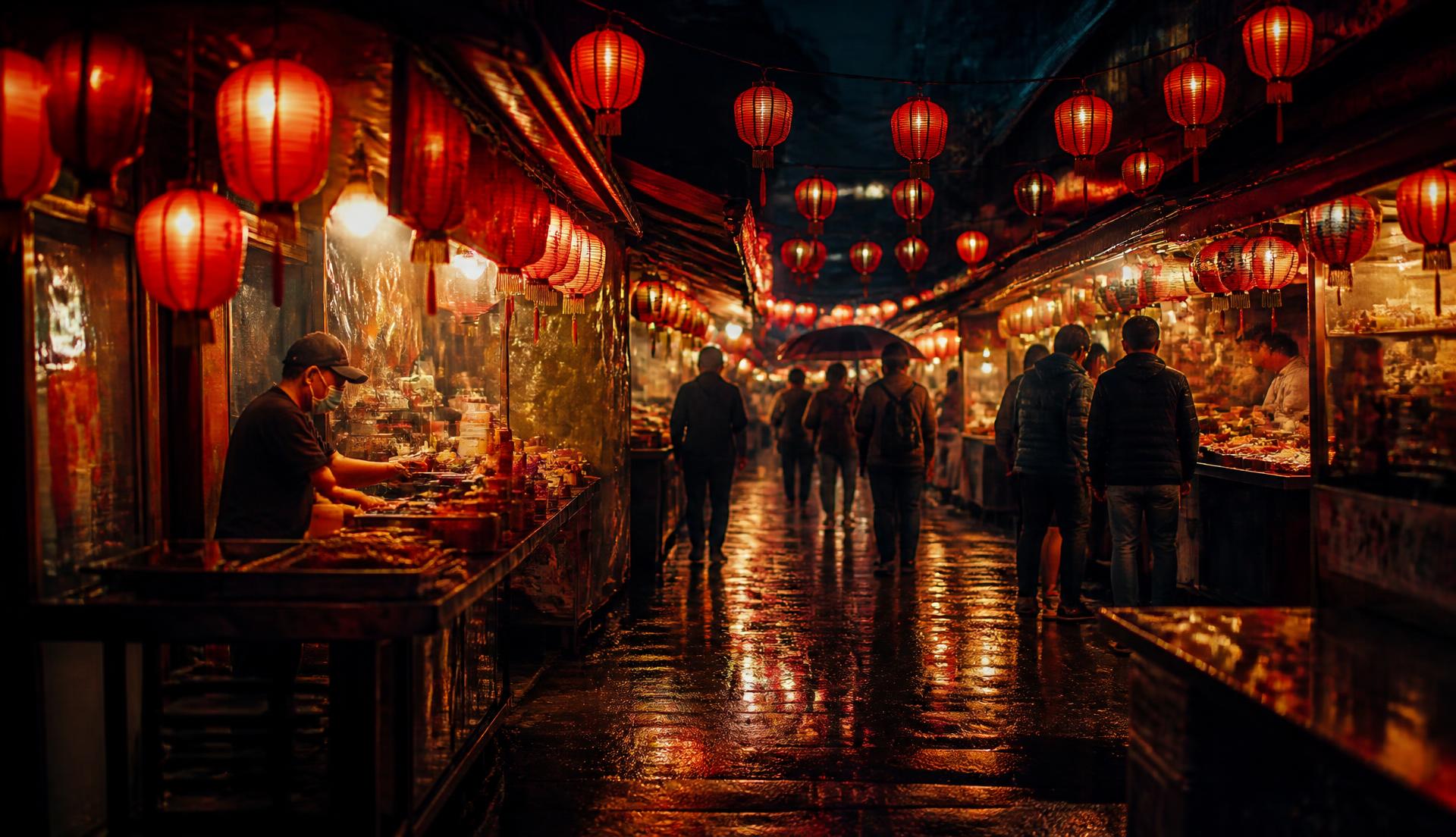 Taiwan night market lit by red lanterns
