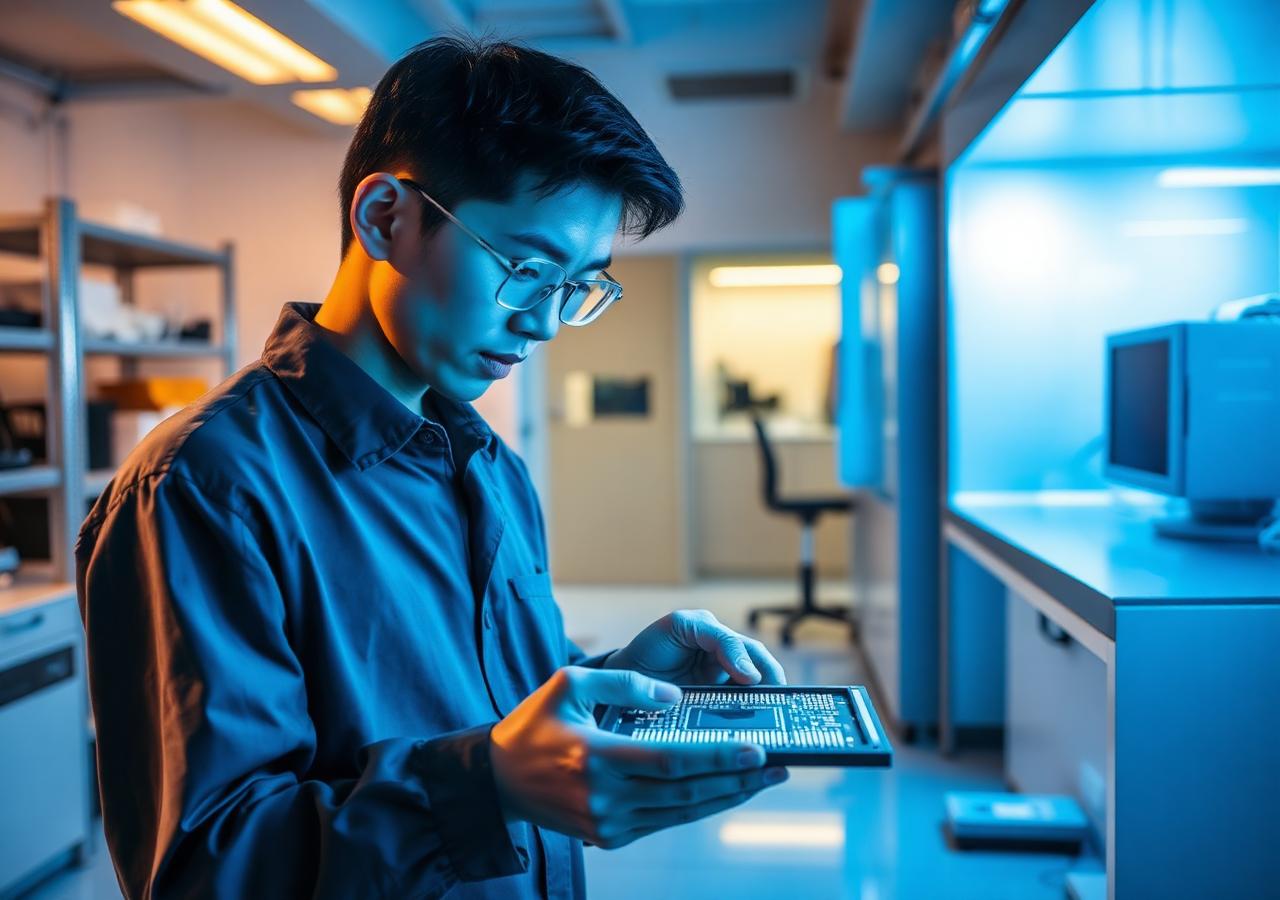 Graduate student inspecting a semiconductor wafer in a Taiwan lab
